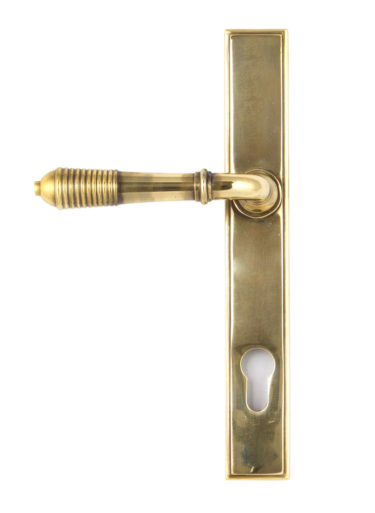 From The Anvil's Aged Brass Reeded Slimline Lever Espag. Lock Set