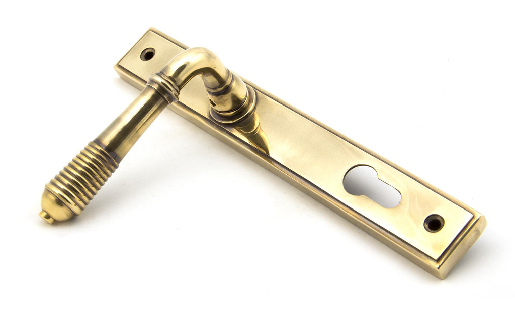 From The Anvil's Aged Brass Reeded Slimline Lever Espag. Lock Set