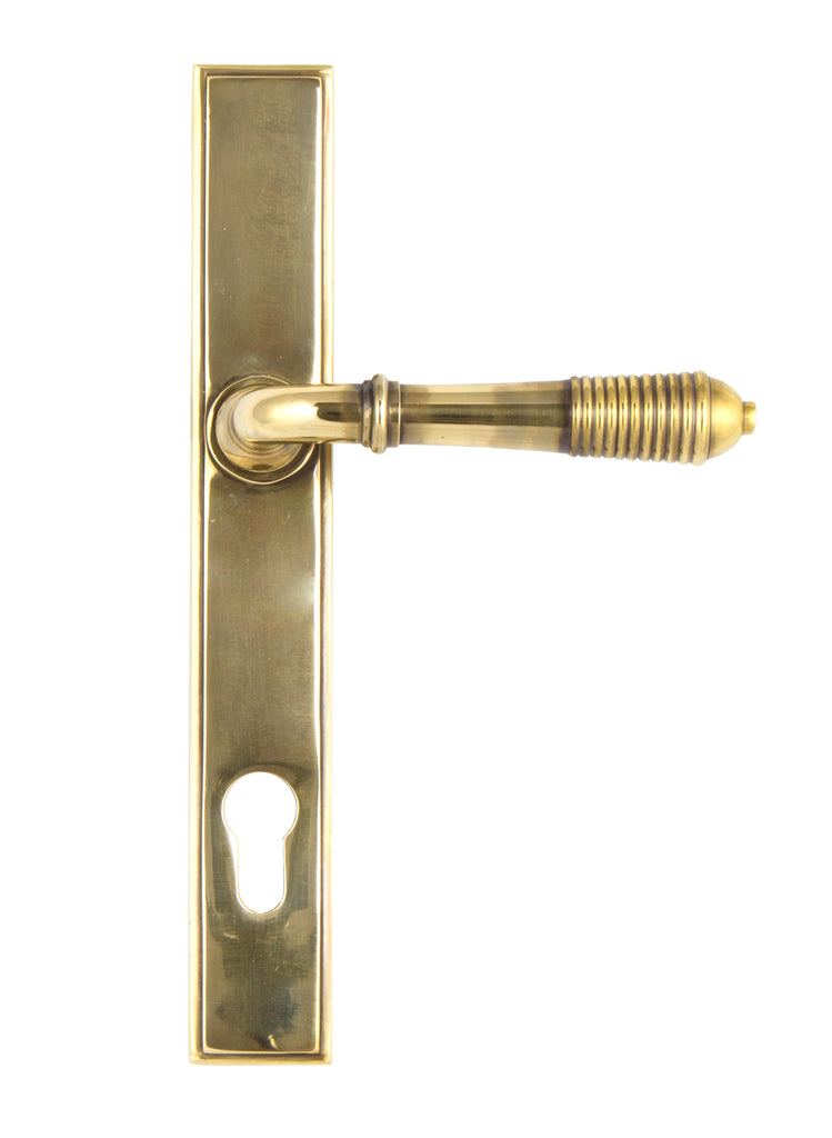 From The Anvil's Aged Brass Reeded Slimline Lever Espag. Lock Set