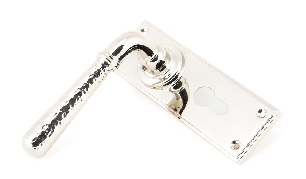 From The Anvil's Polished Nickel Hammered Newbury Lever Euro Lock Set