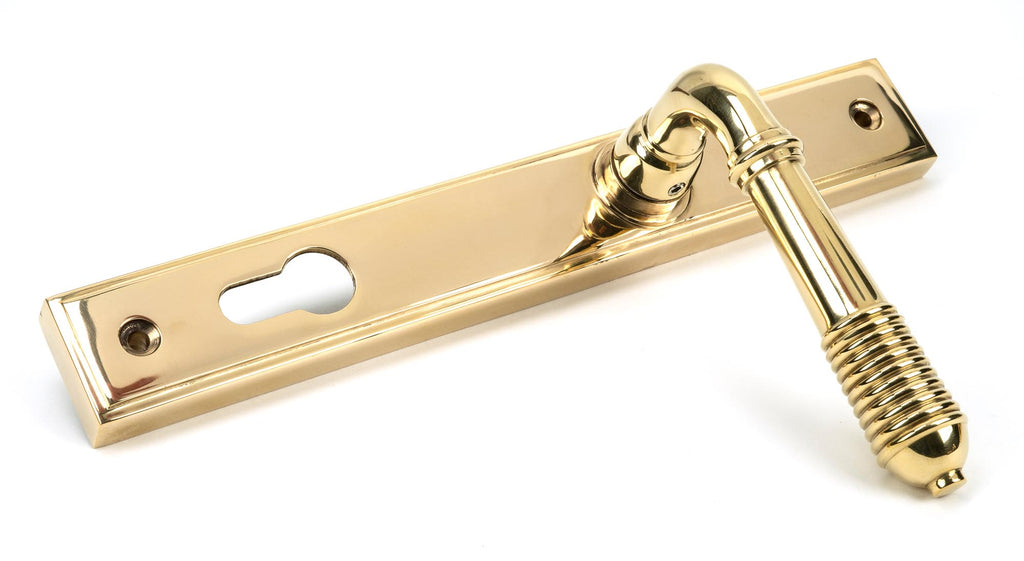 From The Anvil's Polished Brass Reeded Slimline Lever Espag. Lock Set