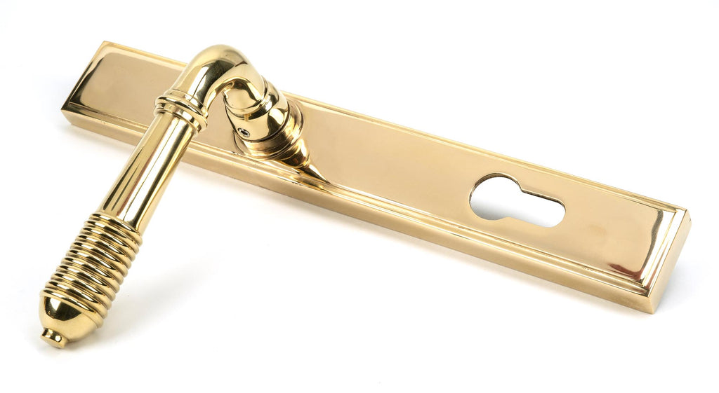 From The Anvil's Polished Brass Reeded Slimline Lever Espag. Lock Set