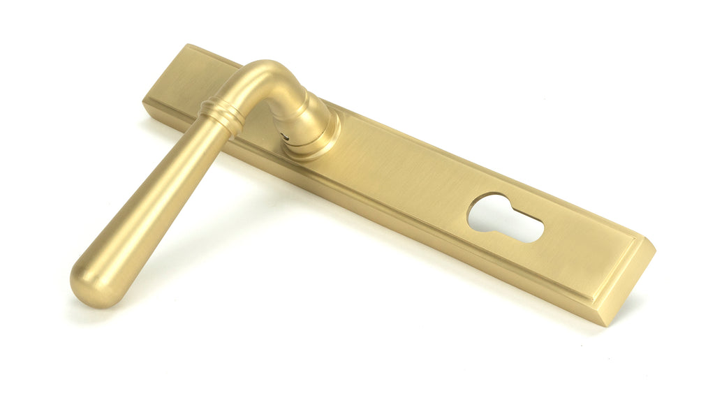 From The Anvil's Satin Brass Newbury Slimline Lever Espag. Lock Set