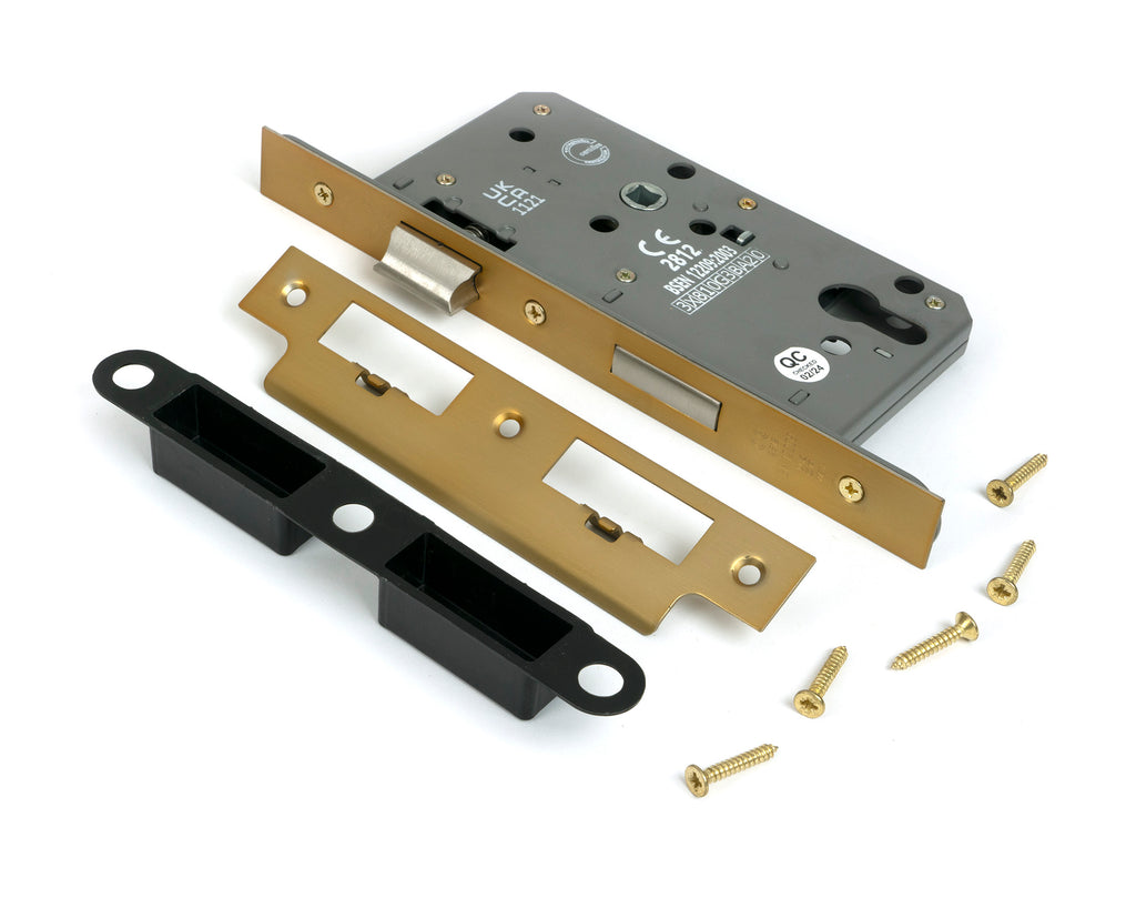 From The Anvil's Satin Brass Euro Din Sash Lock - 60mm Backset/72mm Centre