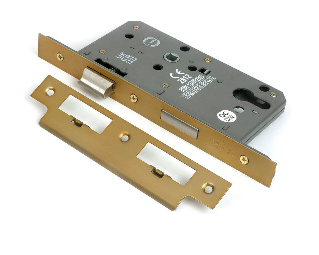 From The Anvil's Satin Brass Euro Din Sash Lock - 60mm Backset/72mm Centre