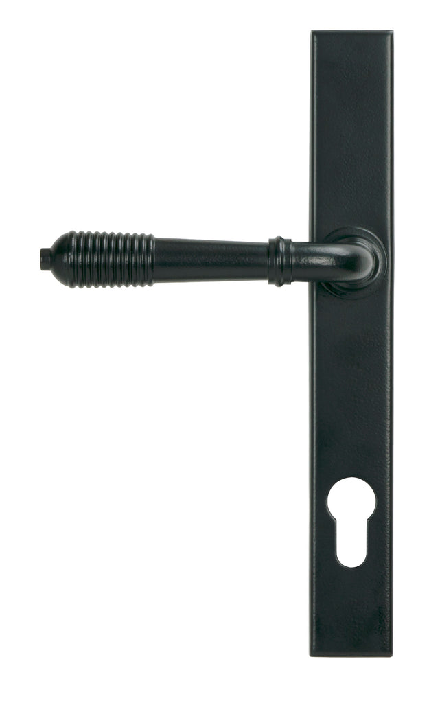 From The Anvil's Matt Black Reeded Slimline Lever Espag. Lock Set