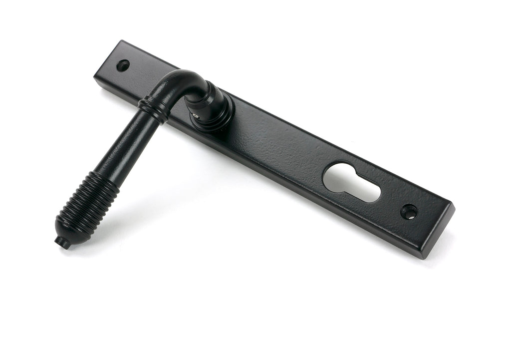 From The Anvil's Matt Black Reeded Slimline Lever Espag. Lock Set