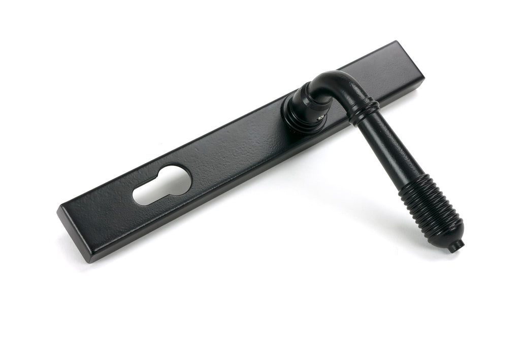 From The Anvil's Matt Black Reeded Slimline Lever Espag. Lock Set