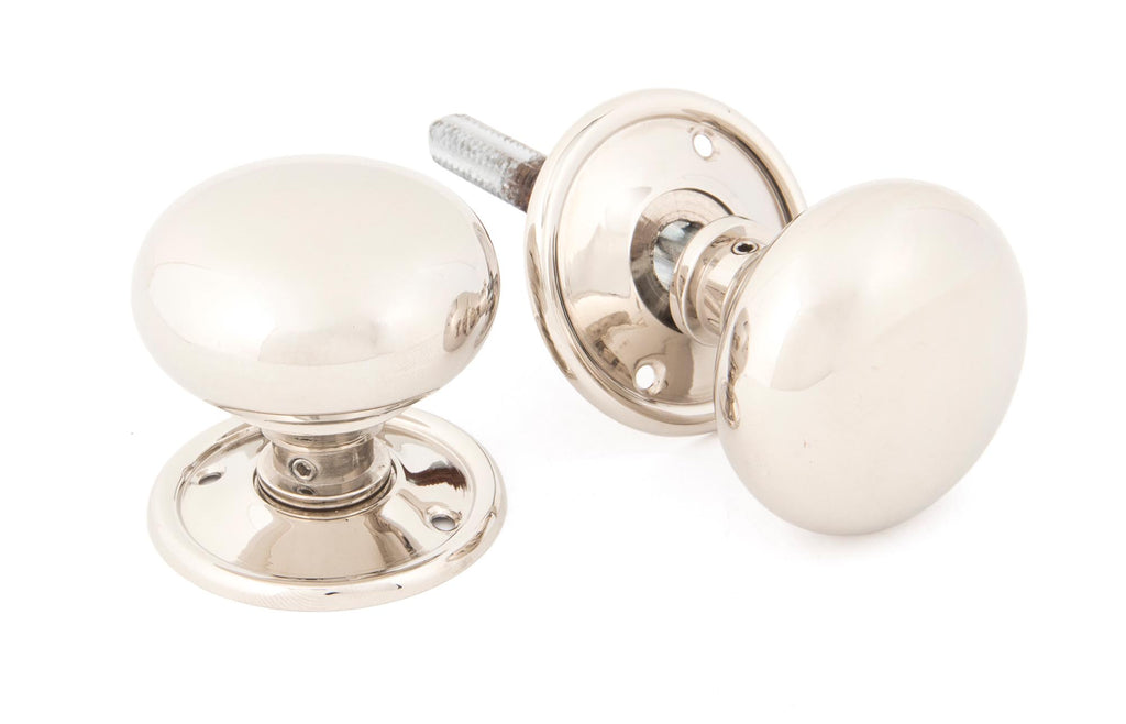 From The Anvil's Polished Nickel Mushroom Mortice/Rim Knob Set